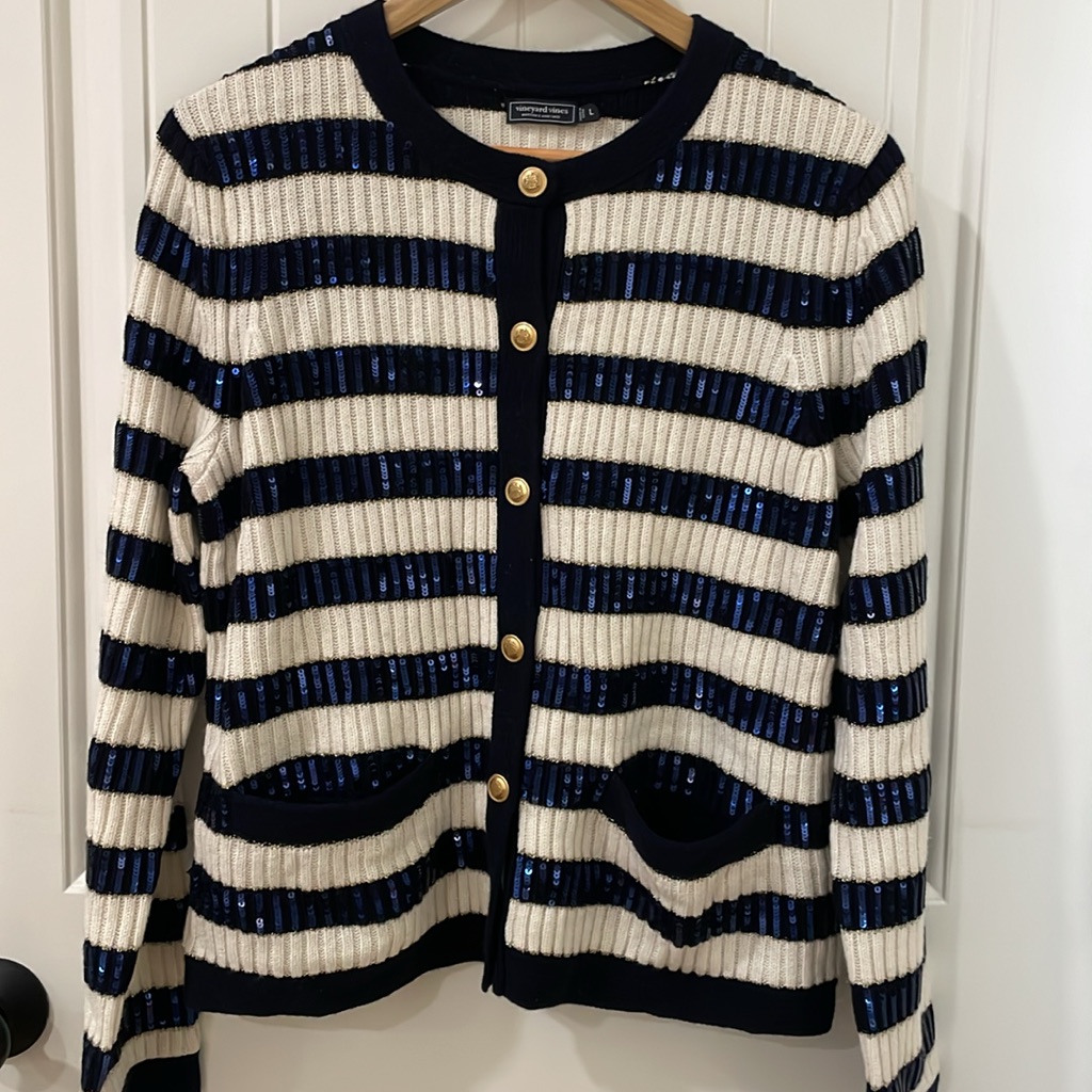 Vineyard Vines Large Striped Sequin Gold Button Cardigan Rare